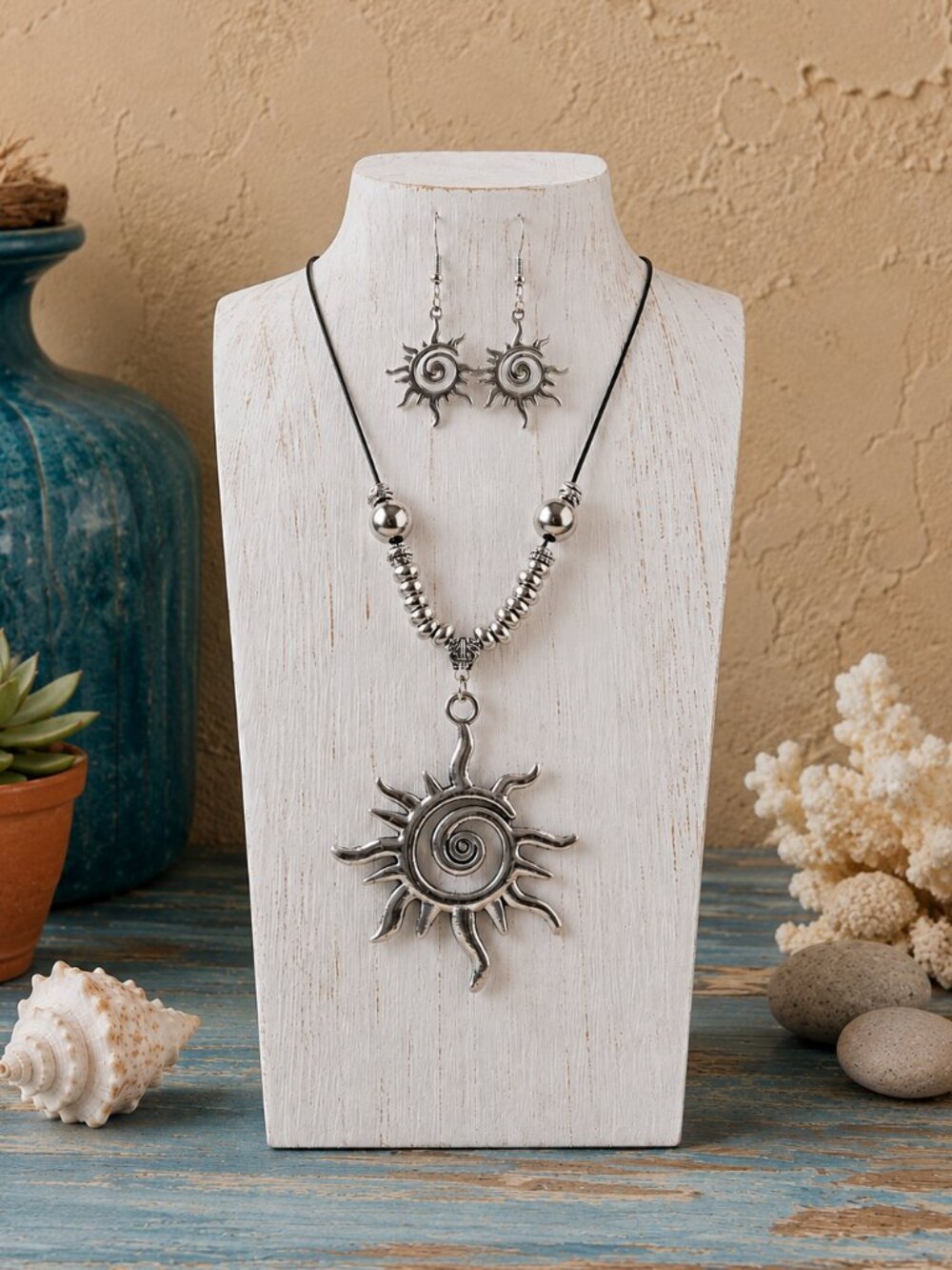Silver Plated Sunburst Pendant Necklace and Earrings Set Boho Vegan Cord 16.1"
